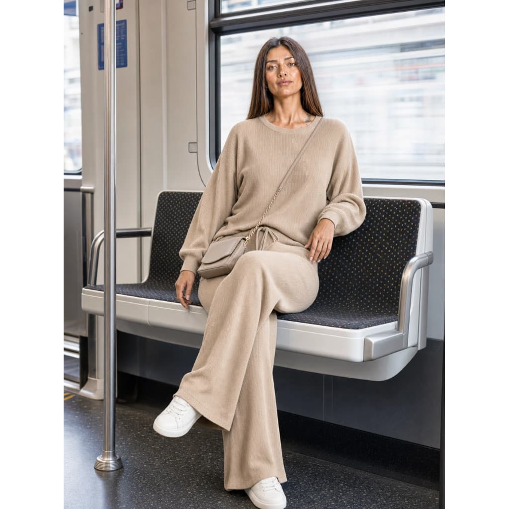 Conjunto Feminino Fashion Inverno Calça Wide Leg e Blusa Canelada