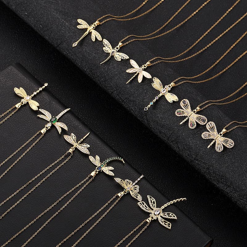 Moda All-Match cobre zircão galvanoplastia ouro Real colorido libélula pingente nicho feminino estilo legal Design High-