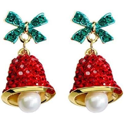 Brincos de Natal para Mulheres Hipoalergênicos com Laço e Pérola, Brincos de Natal com Strass Brilhante e Laço, Joias de