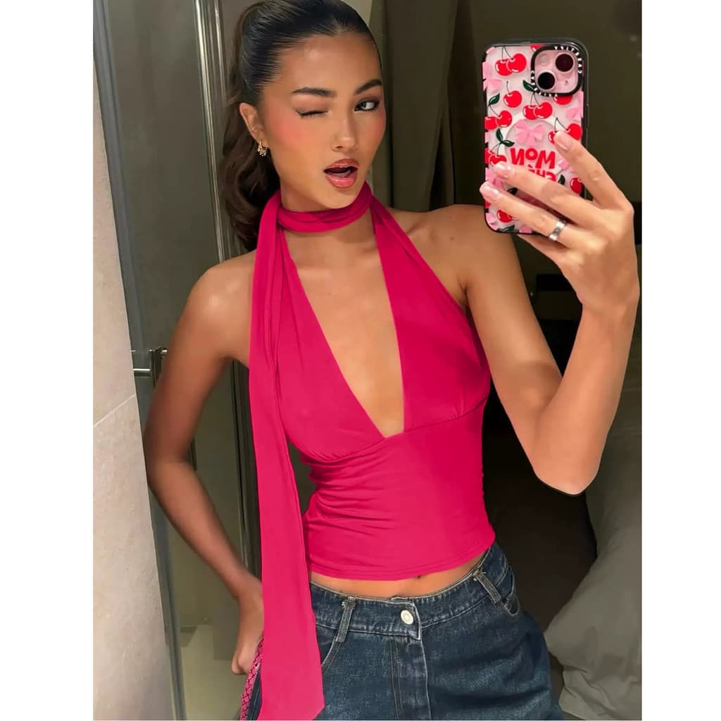 Halter pescoço fita Design superior sentir profundo V camisola elegante irmã real estilo férias roupas femininas