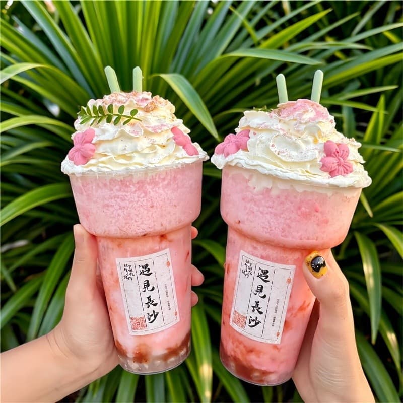 Segurando floco de neve gelo algodão tocha copo Taro Smoothie estilo japonês raspado gelo copo especial frutas chá suco
