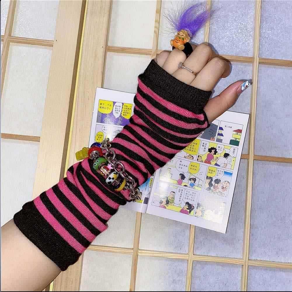 Y2k Millennium quente menina sem dedos listrado manga cos jogos menina pulseira dança disco jk acessórios luvas protetor