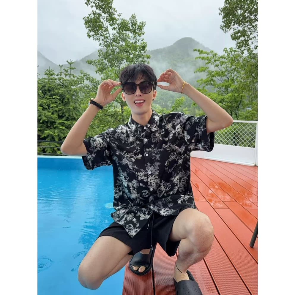 Hawaiii Sanya férias praia flor camisa masculina de manga curta verão estilo fino seda gelo sensação legal drapeado boni