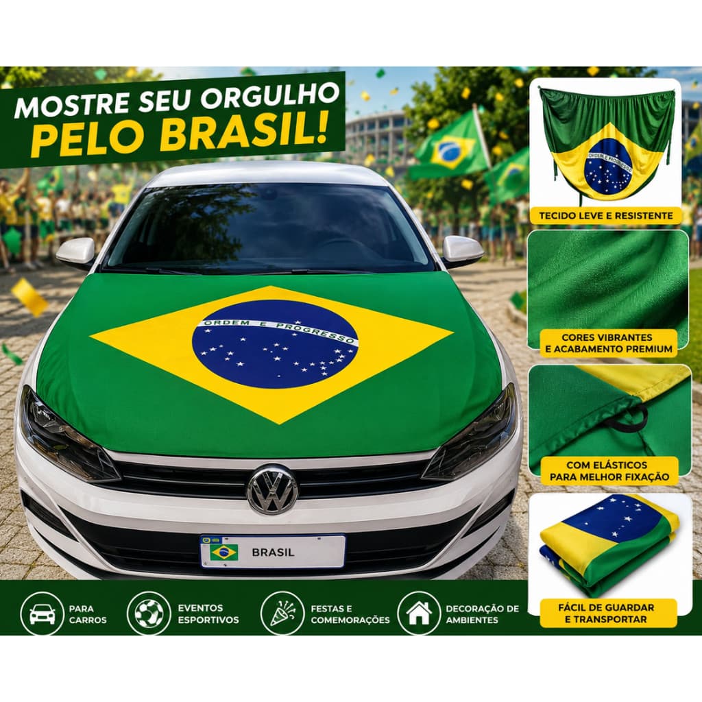 Bandeira Brasil Para Capô de Carro com Elástico Universal Torcida Copa do Mundo Acessório Automotivo