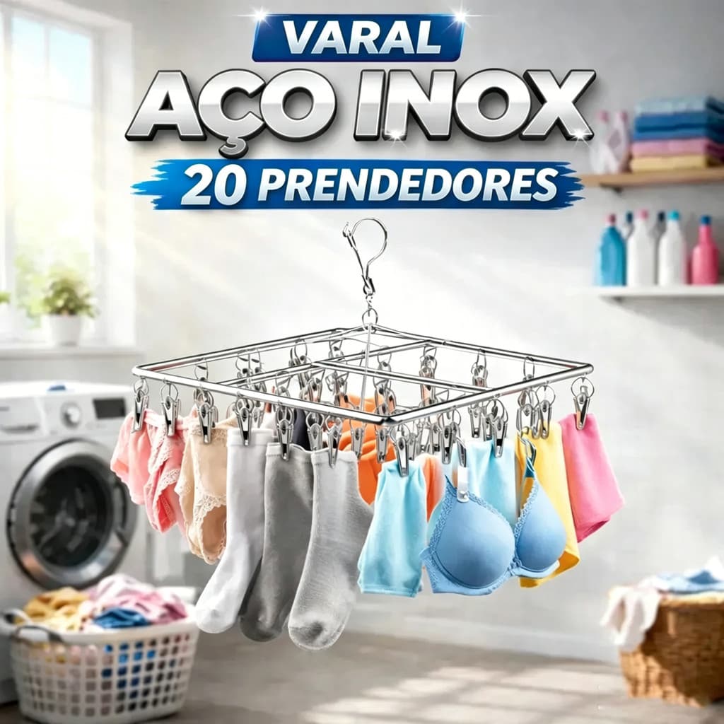 Varal Aço Inox Suspenso Portátil Acabamento Redondo 20 Prendedores Roupa Íntima Calcinha Meias Cueca Lavanderia Pequena