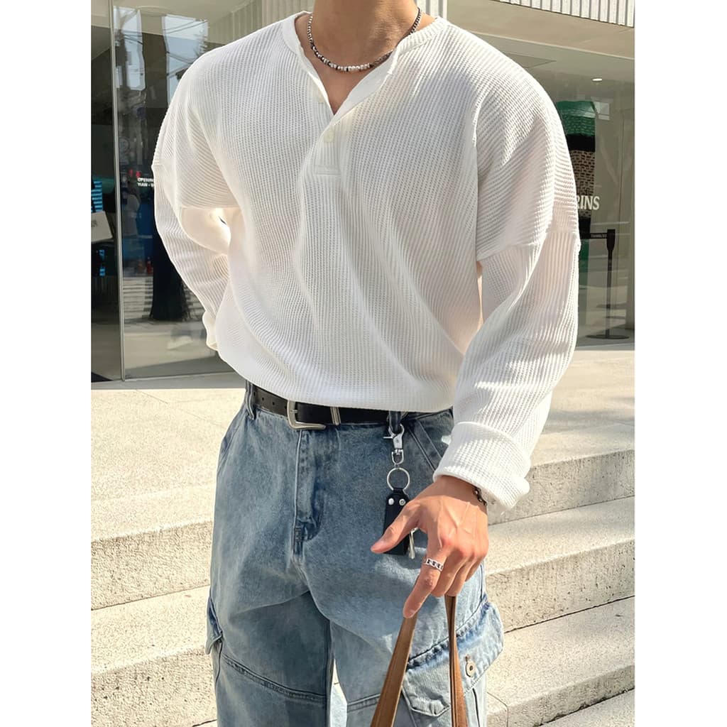 Waffle Henry Collar Moletom Masculino Americano Solto Manga Comprida Gola Meia Aberta Camiseta Casual Workwear Redondo