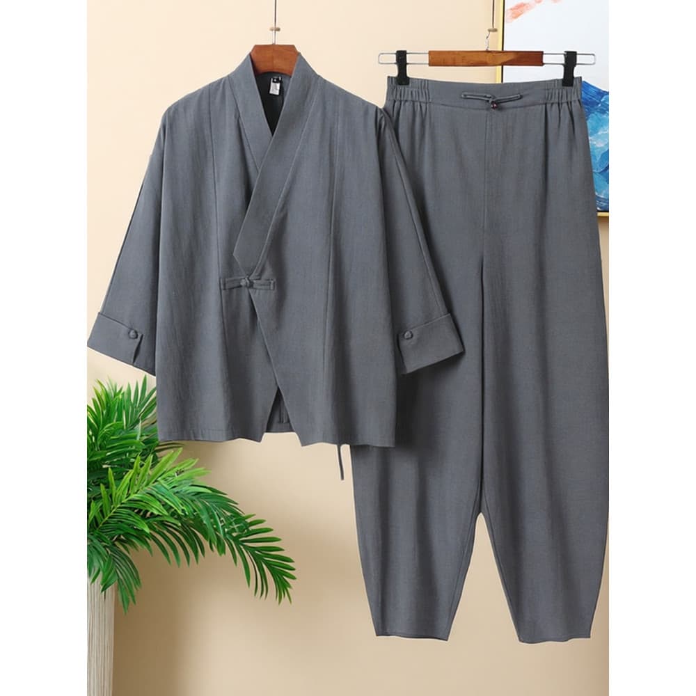 Estilo chinês fivela algodão linho terno masculino primavera outono monge roupas melhoradas Zen casa roupas pijamas das