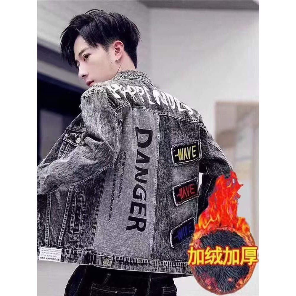 Outono inverno Retro estilo de rua carta impressa Denim jaqueta roupas masculinas forro de lã engrossado versão coreana