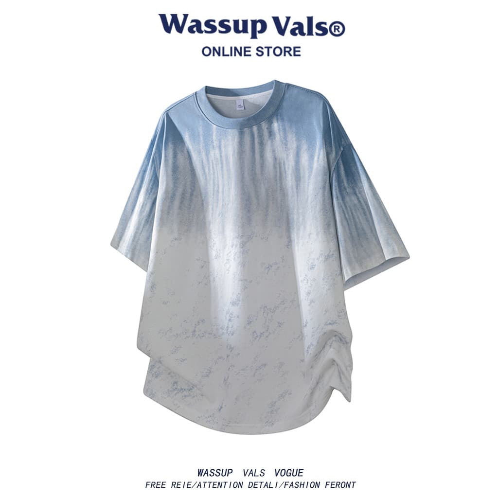 WASSUP VALS Novo estilo gradiente Tie-Dye camiseta de manga curta masculina verão Casual solto respirável Street Wear cu