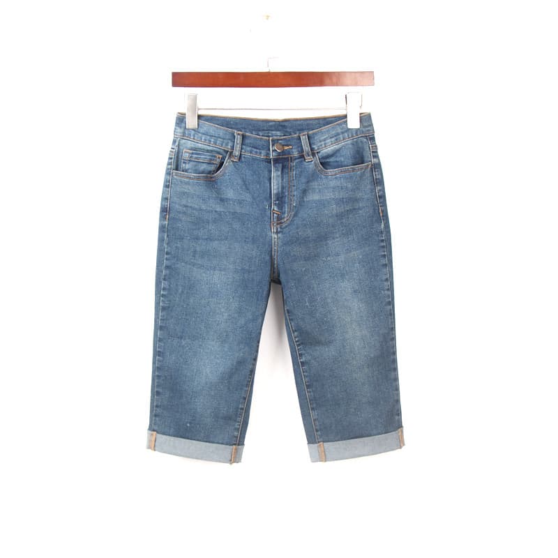 Verão estilo fino 6 pontos Jeans feminino pedido exterior tamanho grande cintura alta elástico mais magro olhar pequeno