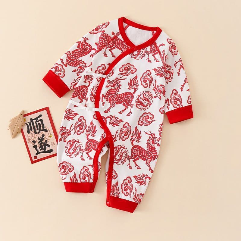 Uau, wow mês inteiro roupas de bebê vermelho outono macacão de bebê recém-nascido manga longa cem dias cavalo roupas de