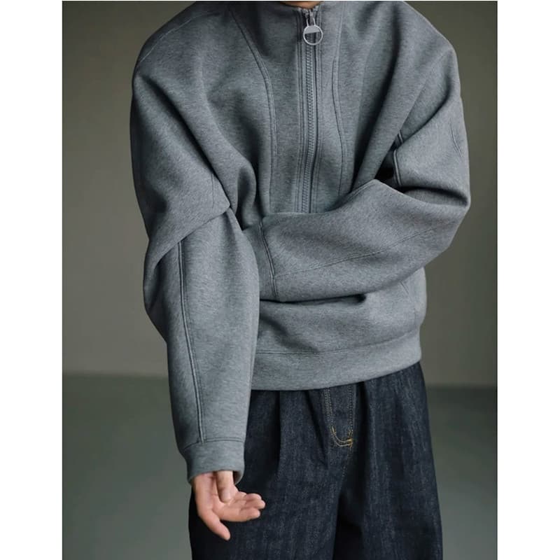 Primavera outono Design pesado costura meio zíper gola de manga comprida moletom masculino feminino solto camisa de fund