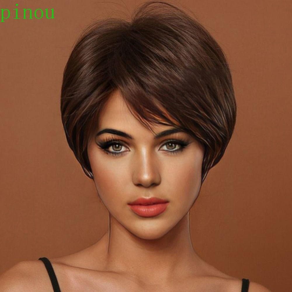 PINOU Marrom Bob Peruca De Alta Qualidade Extensão Do Cabelo Sintético Invisível Festa Preto Suave Falso Senhora Mamãe P