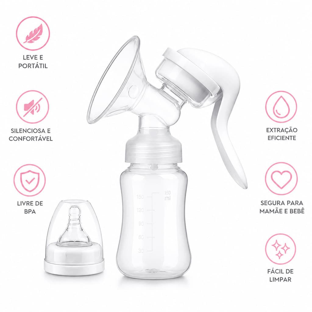 Bomba Tira Leite Manual Extrator de Leite Materno com Mamadeira e Bico Silicone Sucção Pós Parto