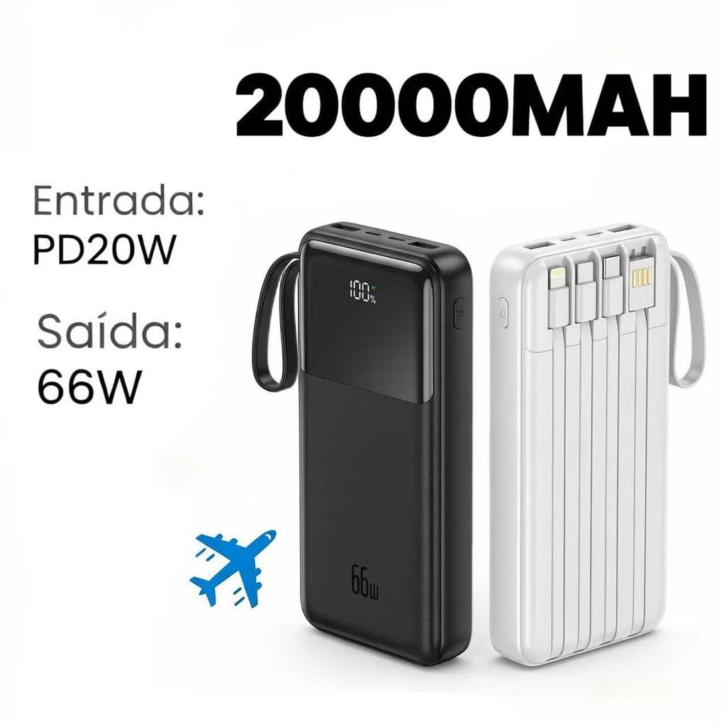 Carregador Power Bank 20000mah Portátil Display Digital 66W Carregamento Super Rápido Com 4 Cabos