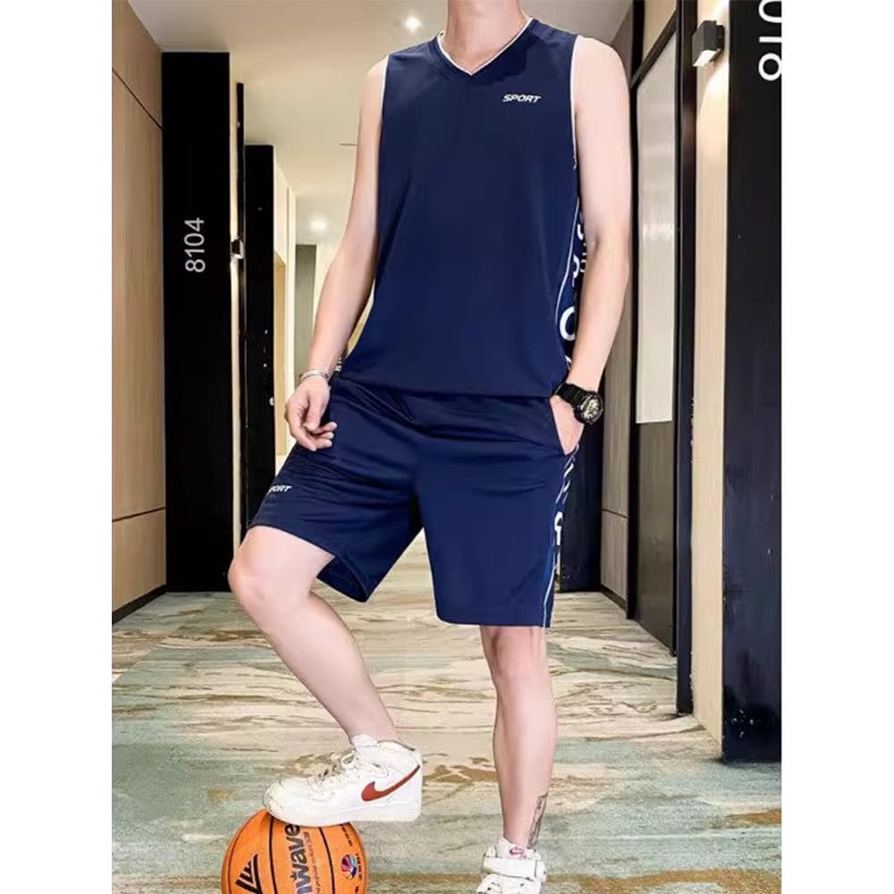 Terno esportivo Casual de seda gelo masculino 2026 verão novo estilo juventude simples sem mangas camiseta combinando Sh