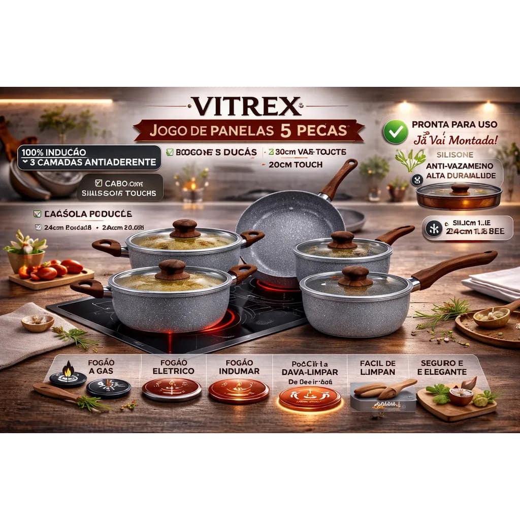 Jogo 5 Panelas Messina Indução Cerâmica Creme Granito Vitrex Premium