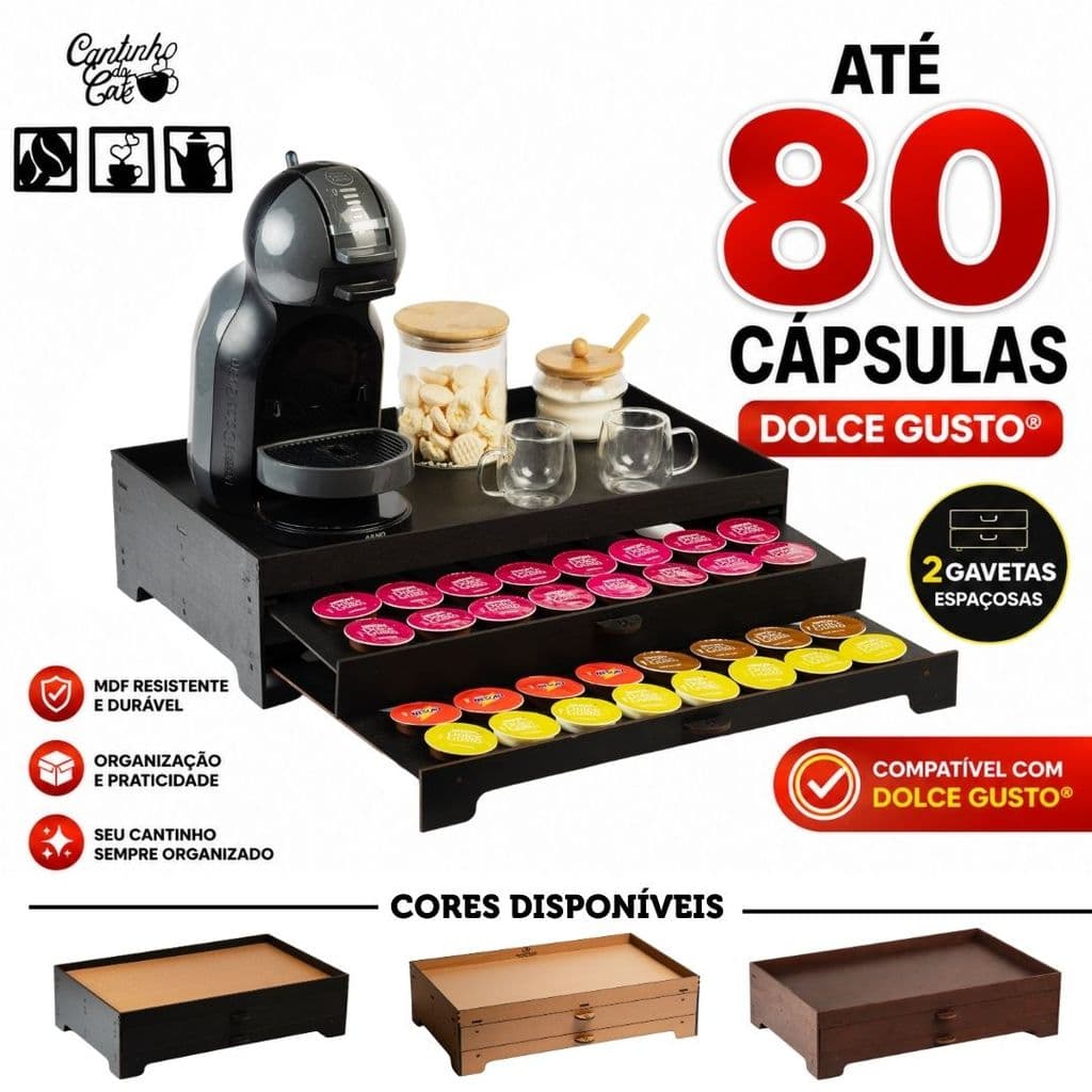 Suporte Para Capsulas Dolce Gusto Bandeja 80 cps + 4 Apliques Kit Cantinho do Cafe Chá Escritório