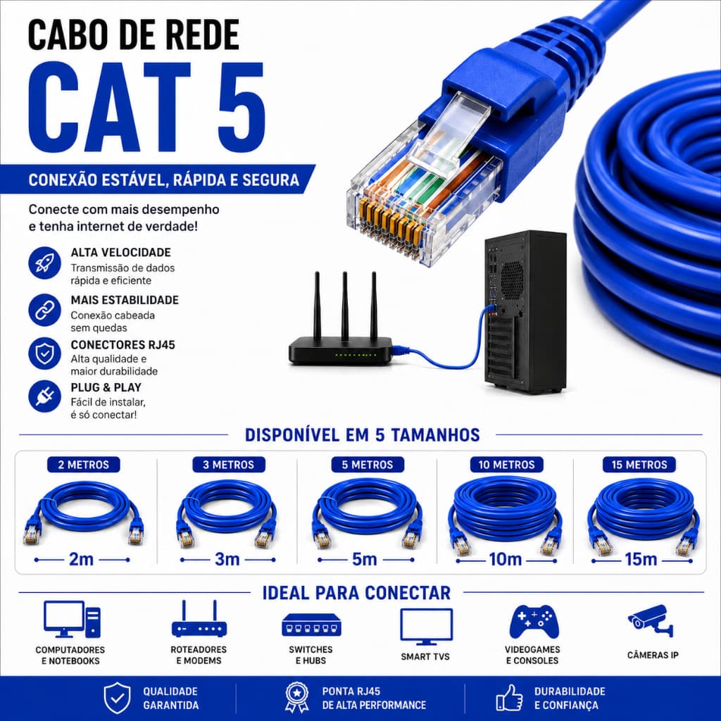 Cabo de Rede Cat5e RJ45 Internet Ethernet Azul 1.5m 3m 5m 10m 15m Alta Velocidade