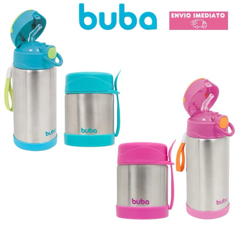 Kit Pote Térmico e Garrafa Térmica Inox Infantil Bebê Buba