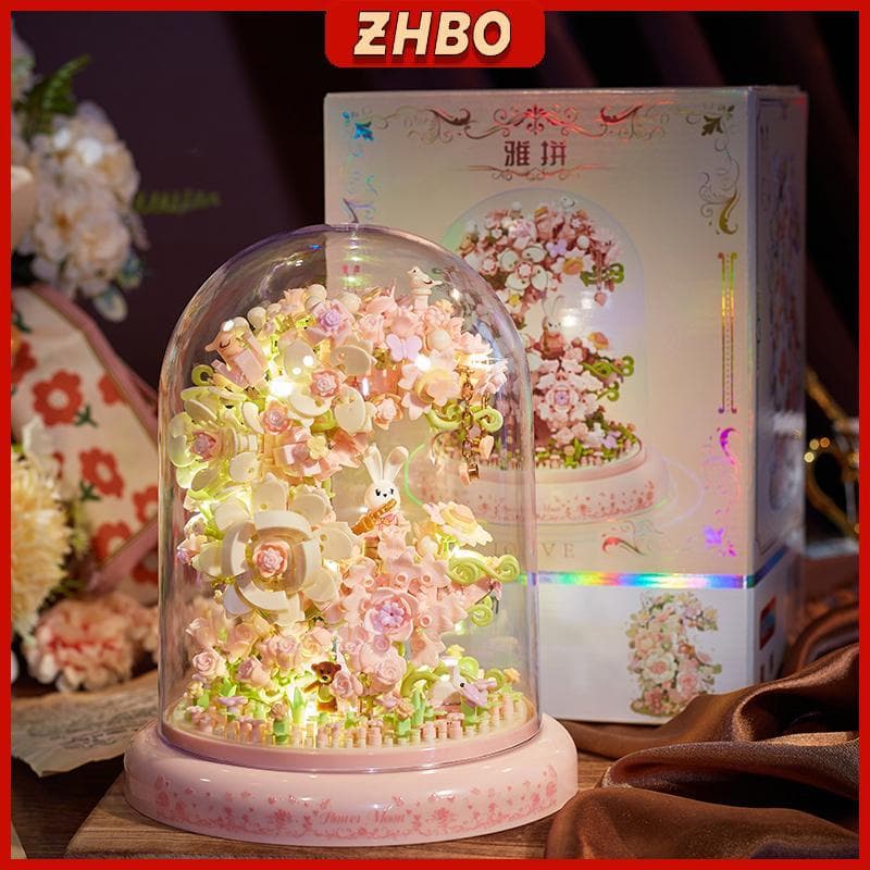 Brinquedo de montar buquê de flores com blocos de flores e luz - Presente para meninas