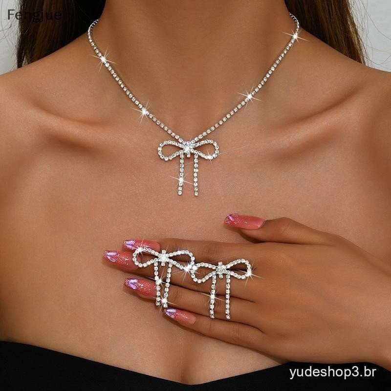 Fengjue 1 Conjunto Elegante Brilhante Arco Brincos Colar Para Mulheres Meninas Vintage Moda Jóias Acessórios Presentes B
