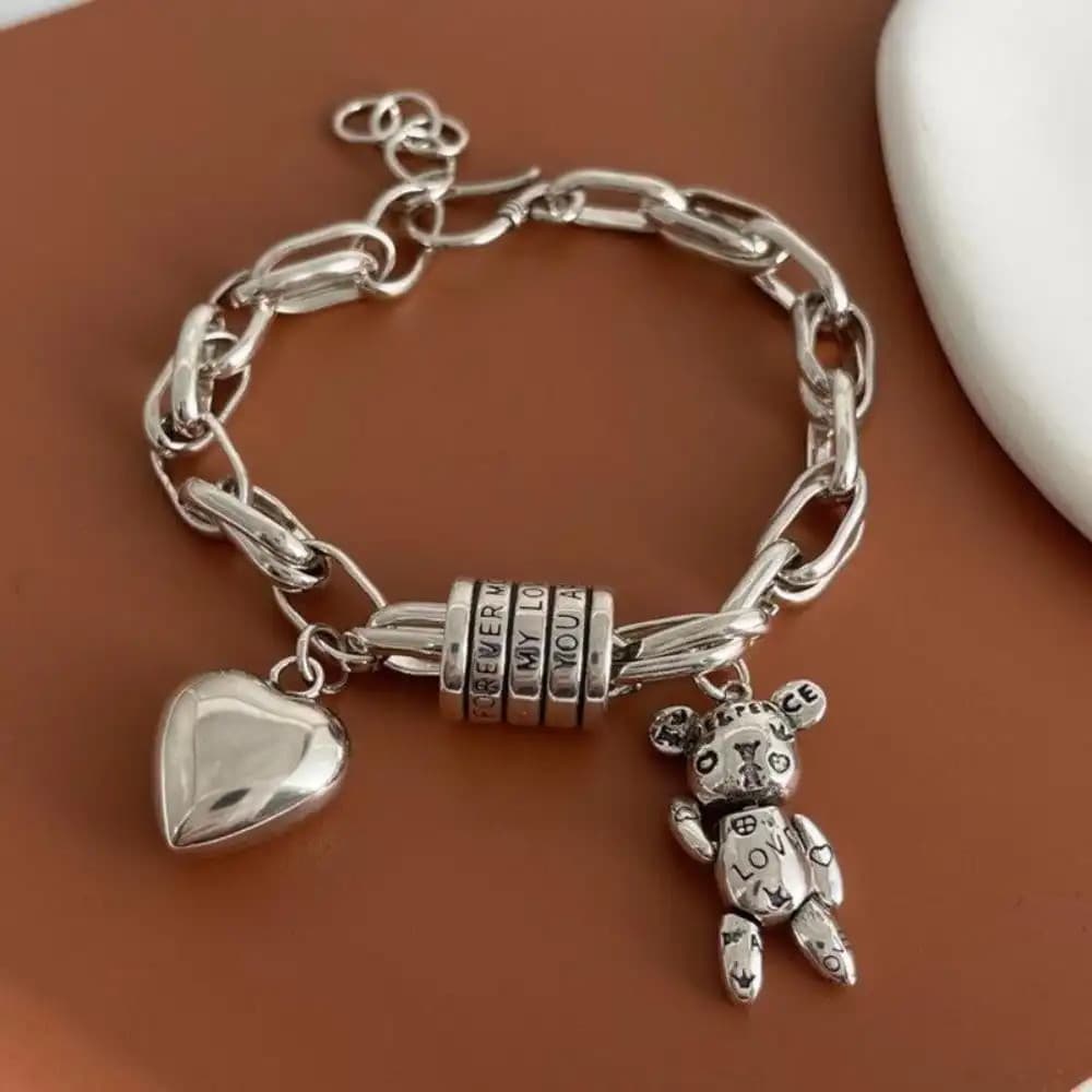 Pulseira de Coração Retro em Prata Esterlina 925 - Design Vintage Feito à Mão, Unissex para Mulheres e Homens, Presente