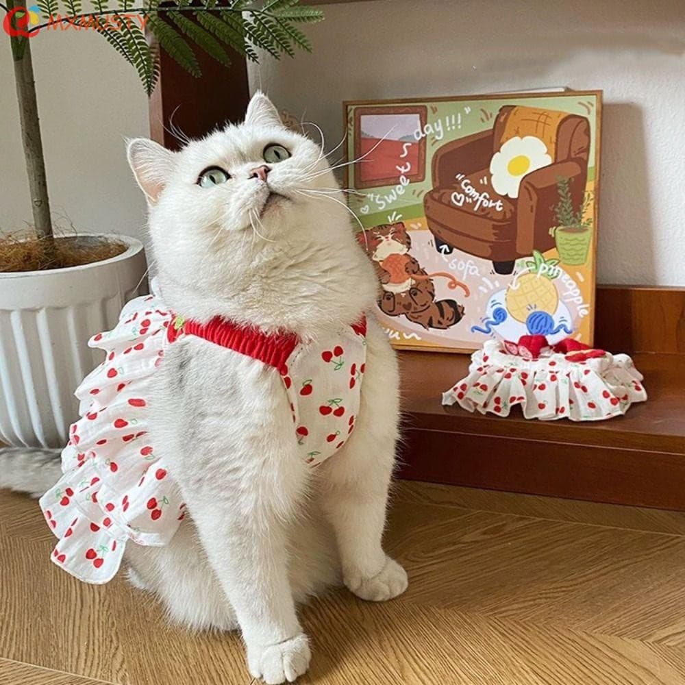 MXMUSTY Vestido Com Suspensórios Para Cães , Saia Fofa De Princesa Estampa De Cereja , Roupas Macias E Respiráveis Confo