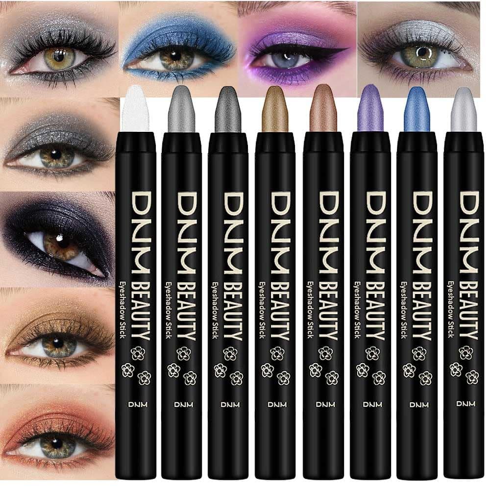 8 Peças de Lápis Delineadores e Sombras em Bastão com Glitter para Maquiagem, Branco Perolado, Preto Esfumado, Cinza, Pr