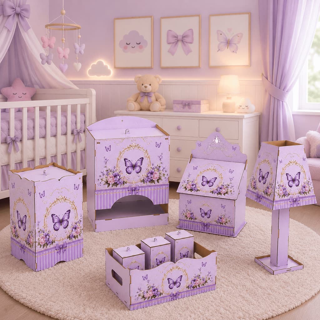 Kit Higiene Bebê Completo 8 Peças Borboleta Lilás MDF Decorado Luxo Menina