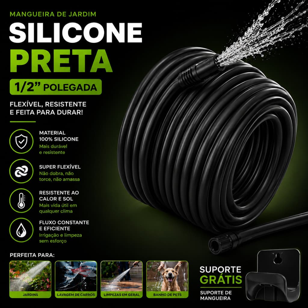 Mangueira Jardim Preta 1/2  com esguicho 100% Silicone Reforçada Suporte Grátis