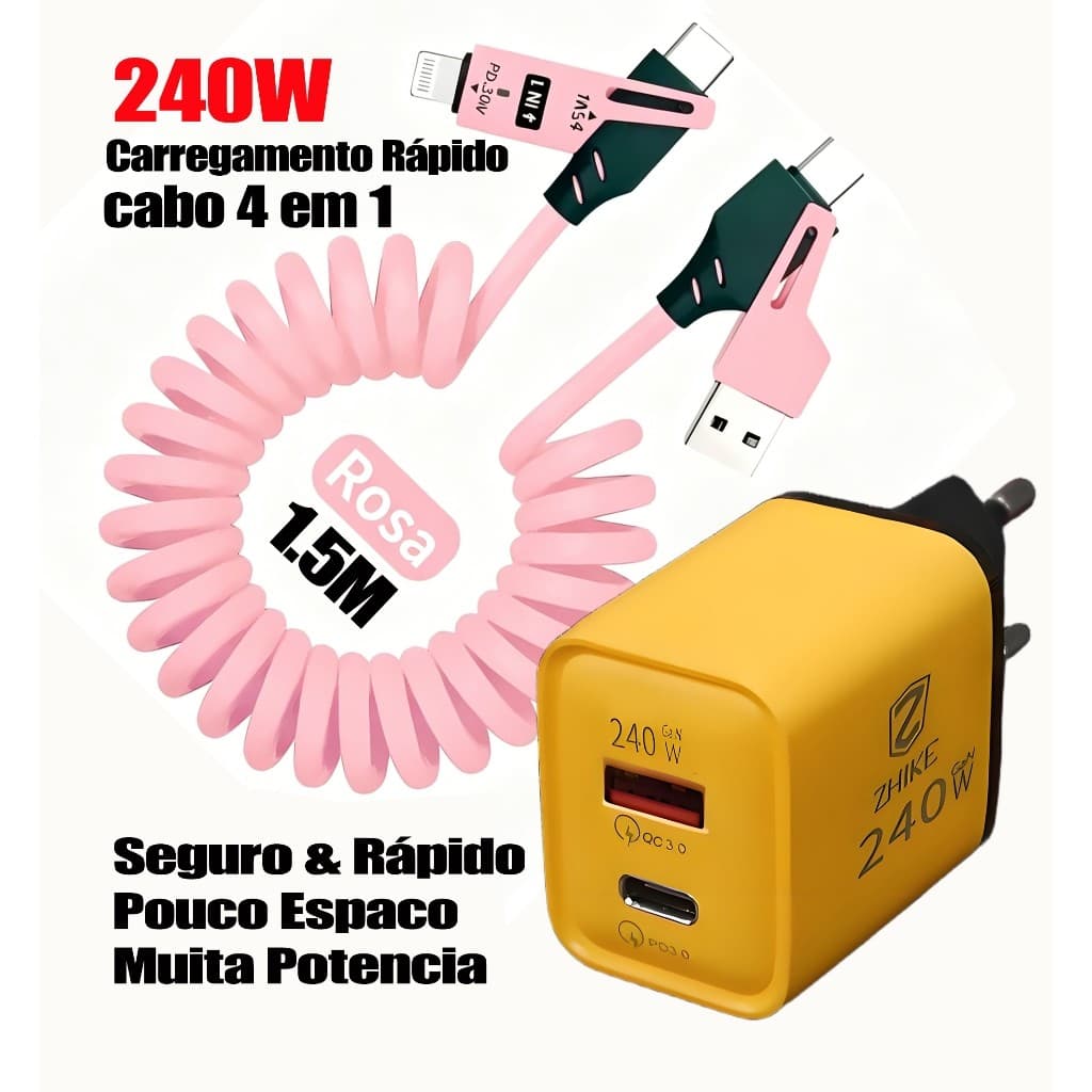 Carregador GaN 240W + Cabo Retrátil 4‑em‑1 65W, Carga Rápida Segura para iPhone Android