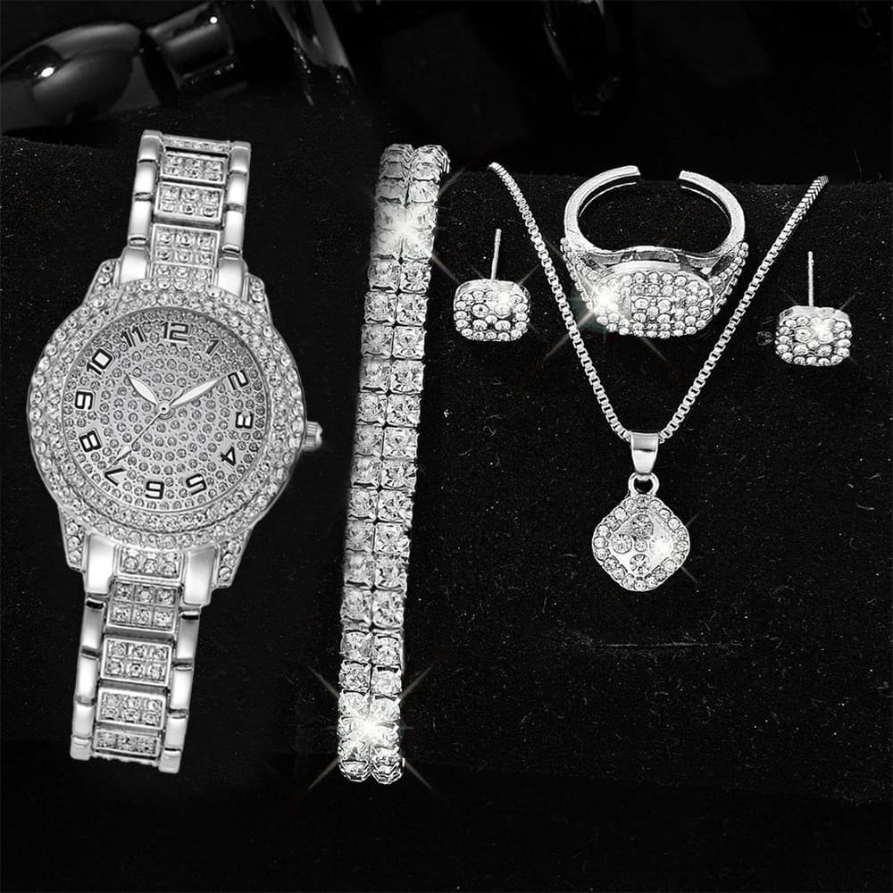 Relógio feminino com pulseira de aço e mostrador com numerais romanos cravejados de diamantes, estilo céu estrelado, ele