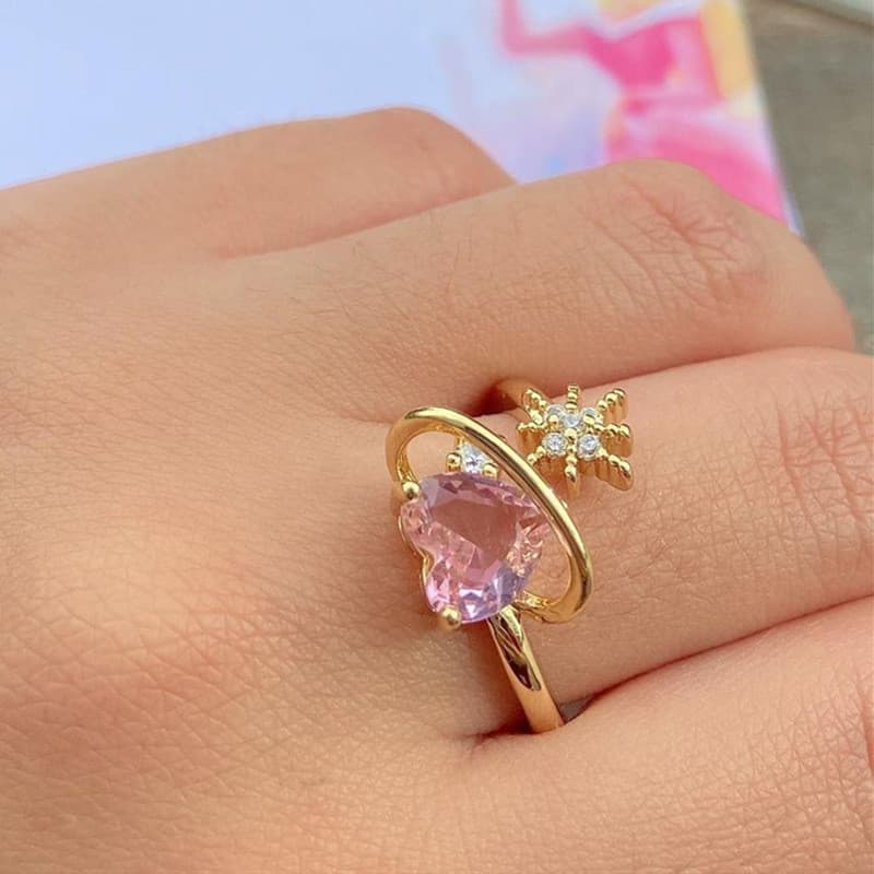 [Estoque pronto] ins anel aberto de coração rosa elegante elegante Micro-incrustado zircão estrela de oito pontas anel d