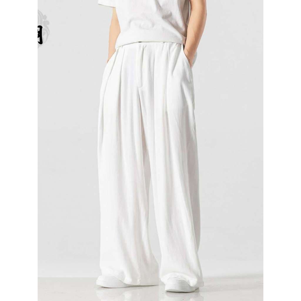 Hanfu estilo fada Drape calças de linho masculino em linha reta Casual solto estilo chinês calças tamanho grande traje c