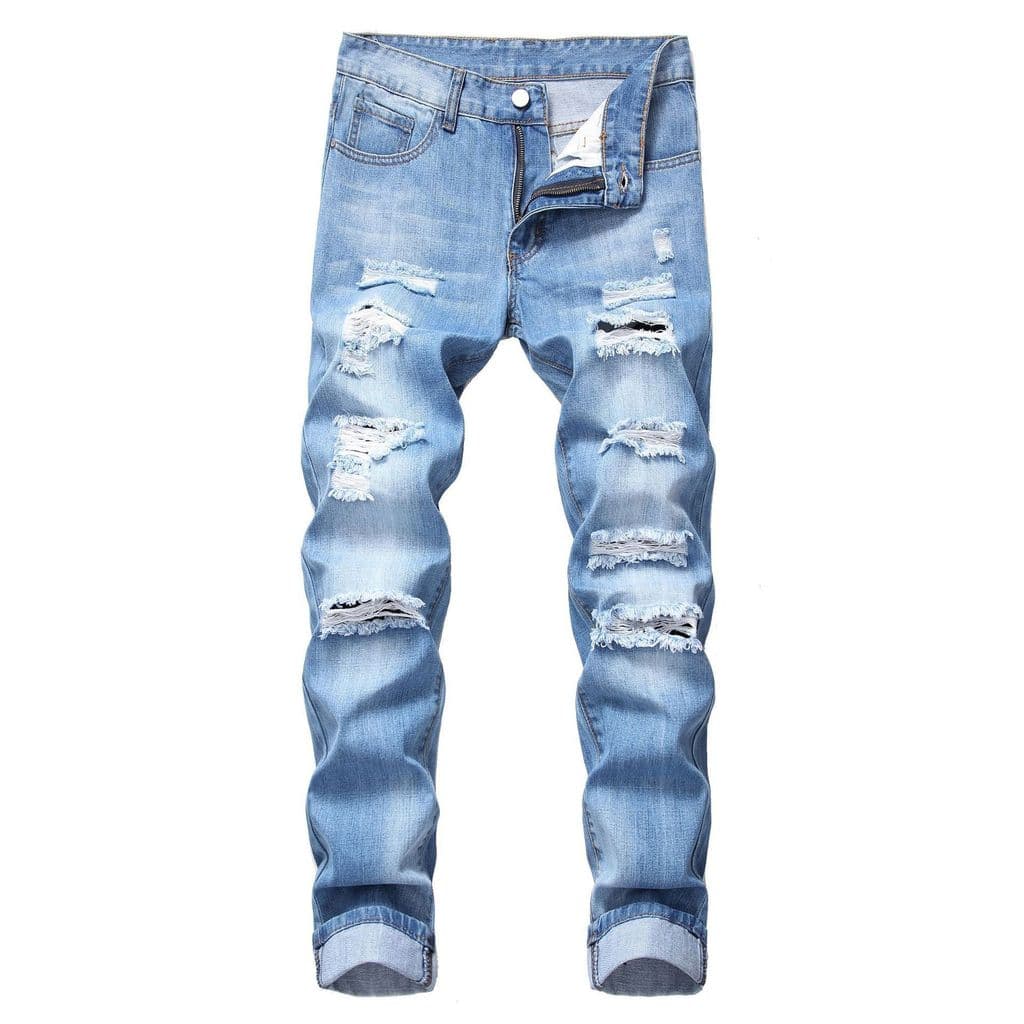 Calças jeans masculinas rasgadas, de corte reto e ajustado, sem elasticidade, com vários furos.