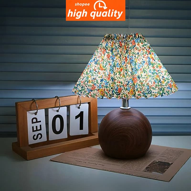 Luminaria de Mesa LED Vintage USB Madeira Abajur Tecido Floral Abajur de Cabeceira Decorativo Quarto pdd-6273