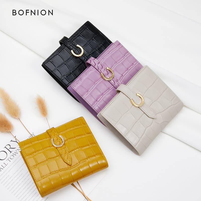 BOFNION carteira de couro genuíno feminina curto portátil Original padrão crocodilo fivela moeda bolsa mais titular do c