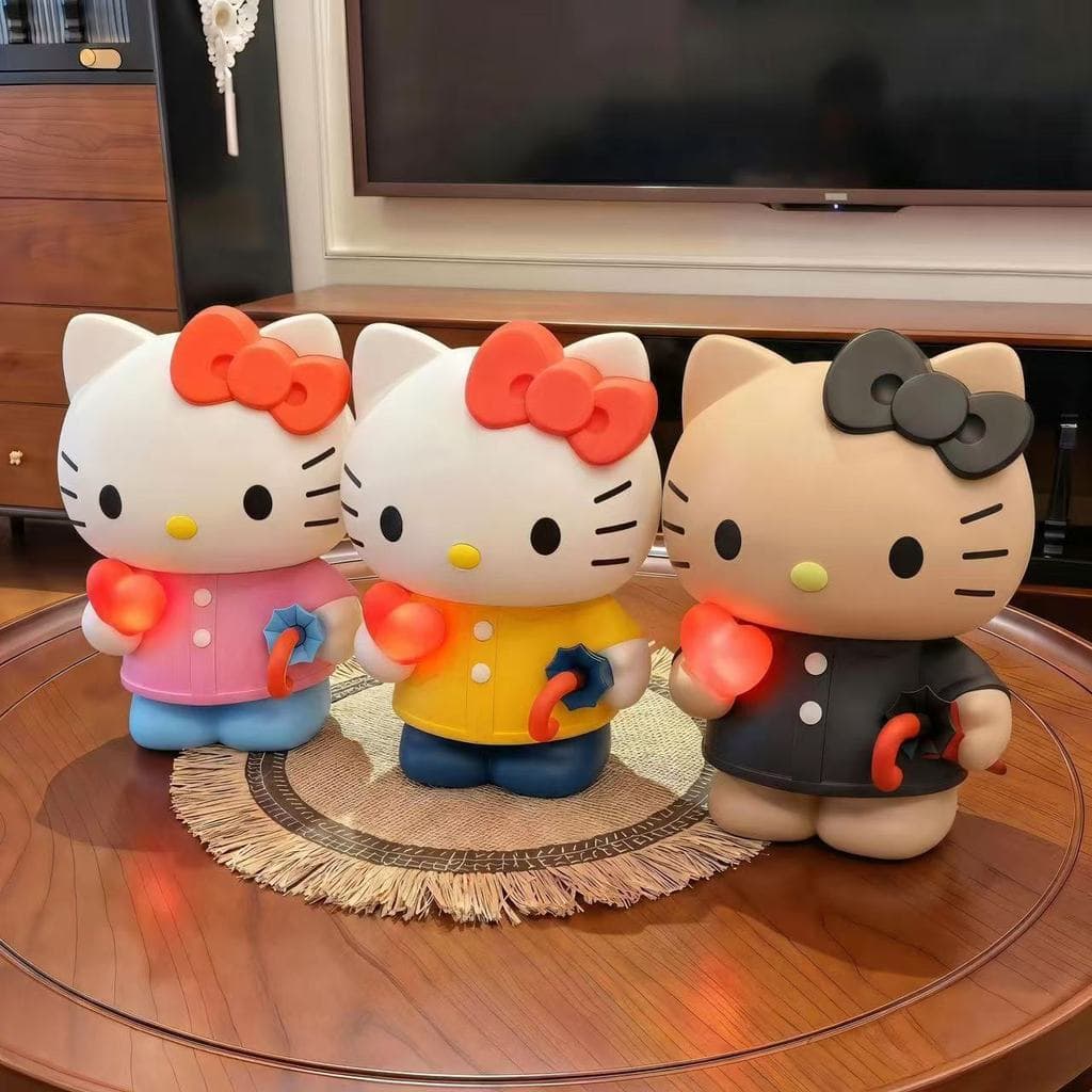 Capa de chuva criativa em formato de coração brilhante com figura da Hello Kitty, cofrinho fofo da Hello Kitty em estilo