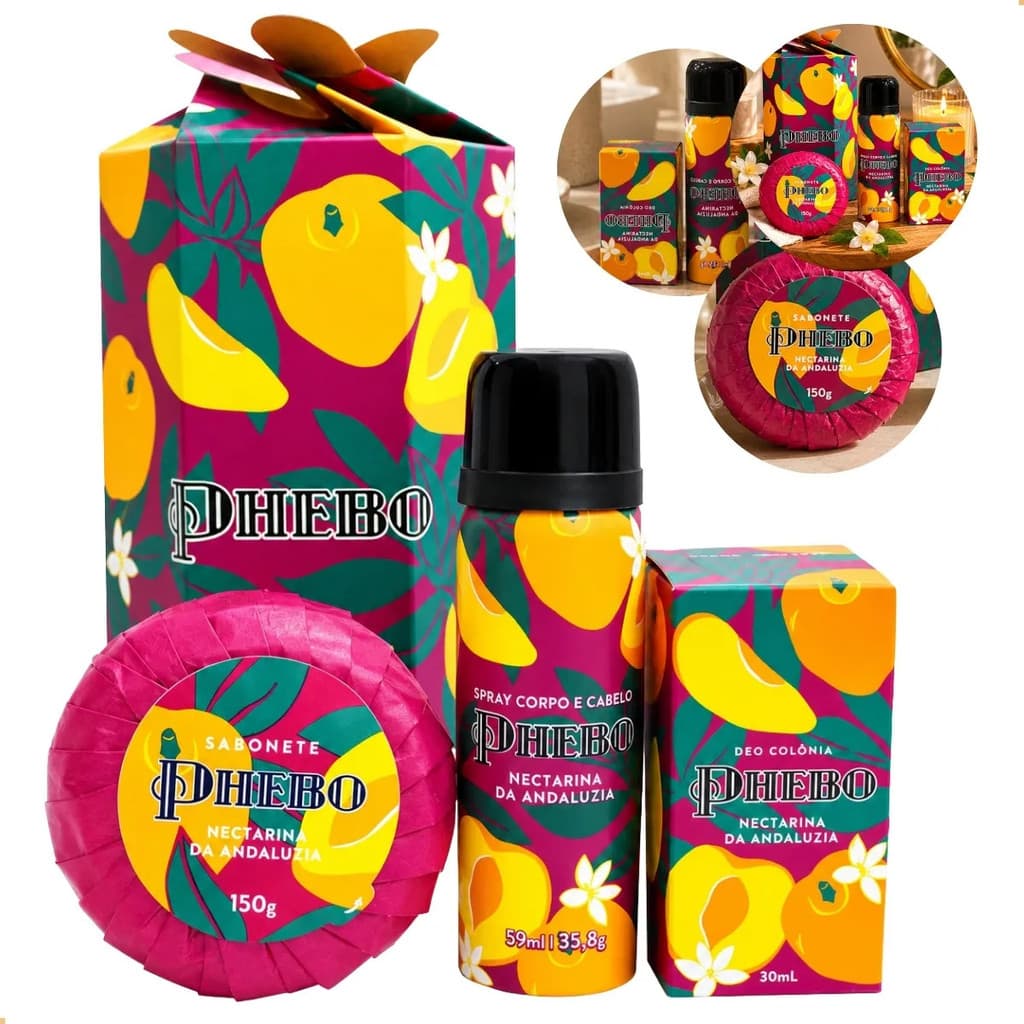 Kit Phebo Nectarina Da Andaluzia 3 Itens Original Presente Colônia Spray Corpo Cabelo Sabonete