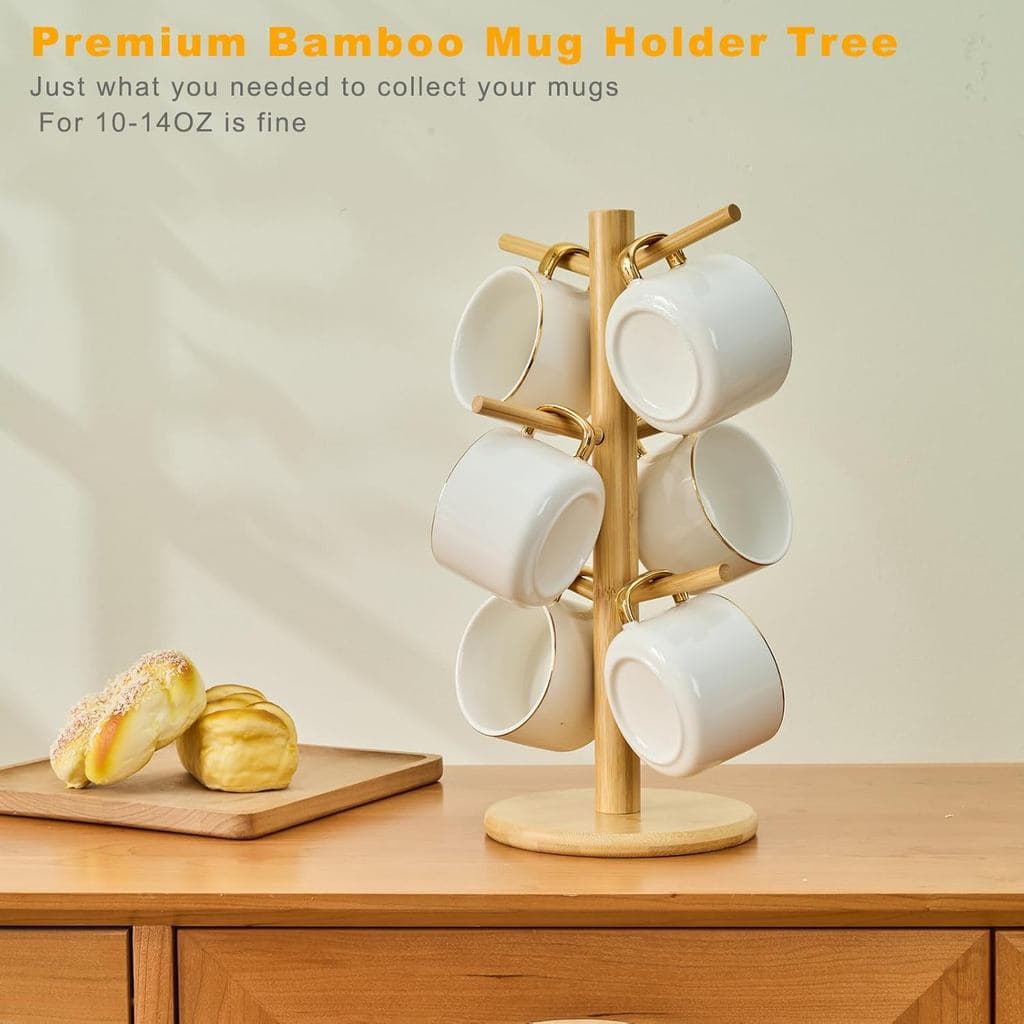 Árvore De Caneca De Bambu Para Balcão , Suporte Removível Café Com 6 Ganchos , Prateleiras Decorativas Canecas Organizad