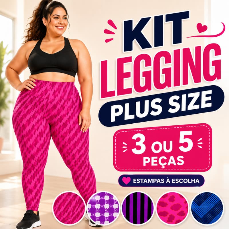 Kit Legging Plus Size Feminina Estampada Academia Cintura Alta 3 ou 5 Peças Fitness |900E| Oferta