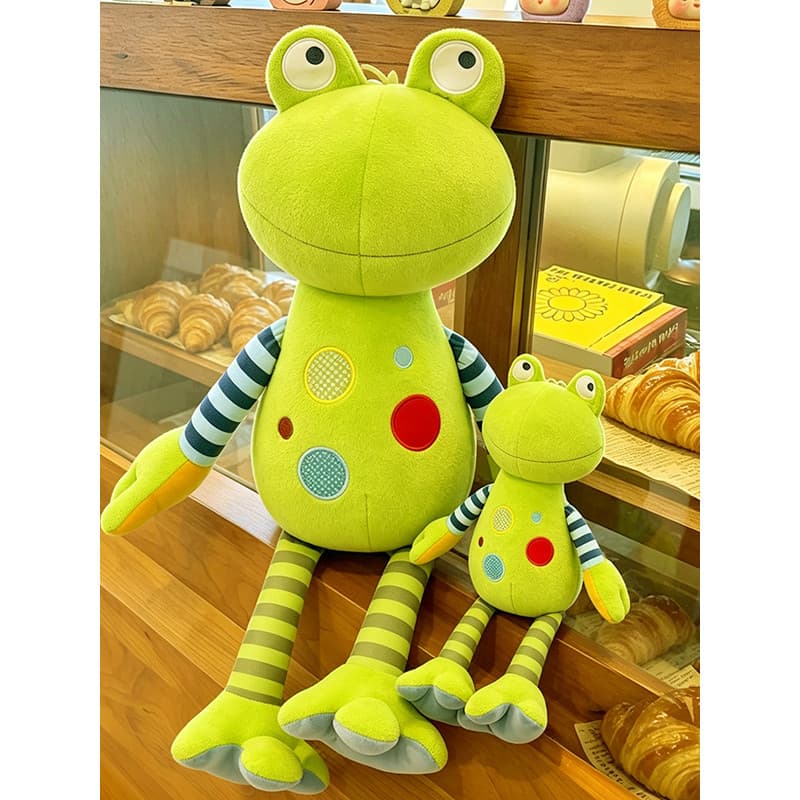 Bonito dos desenhos animados sapo de perna longa boneca de pelúcia verde listrado braço boneca brinquedo presente na mod