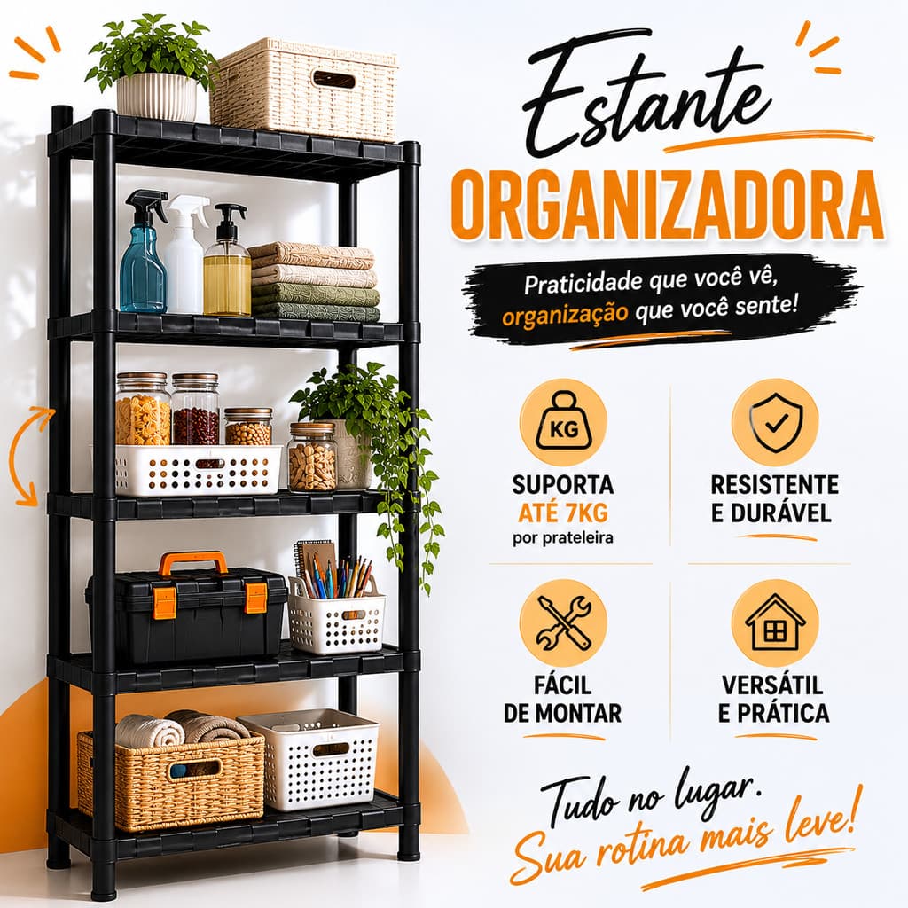 Estante Organizadora Multiuso Modular Resistente Plástico Casa Quarto Cozinha Lavanderia Preto Hack