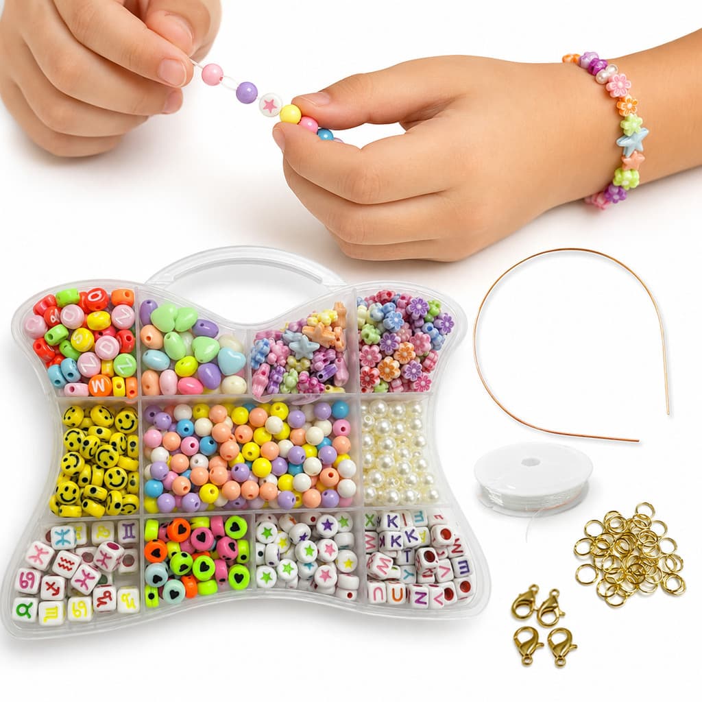 Kit Miçangas Infantil 683 Peças Com Tiara, Fio Silicone, Ganchos e Argolas Para Pulseiras e Colares