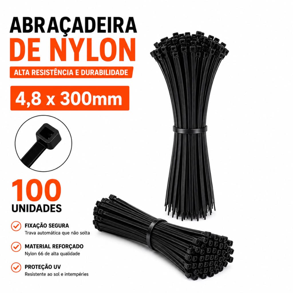 Abraçadeira Nylon UV Preta 100 Unidades Enforca Gato Automotiva Alta Resistência 4,8 x 300 mm