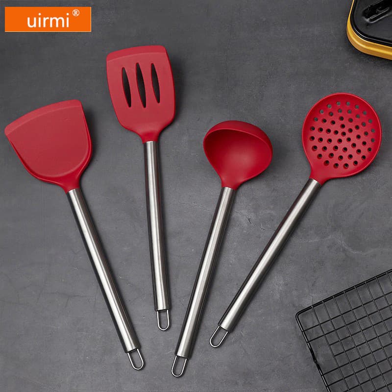 Espátula e Colher de Silicone Estilo Chinês com Cabo de Aço Inoxidável, Utensílios de Cozinha, Espátula de Silicone Pret