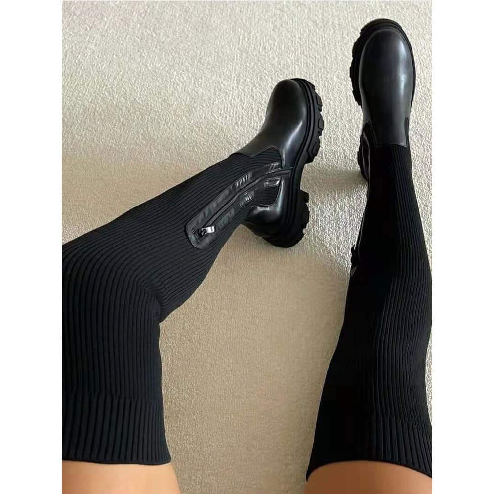 Botas acima do joelho femininas outono inverno novo estilo estiramento meias de malha sapatos femininos salto grosso sol
