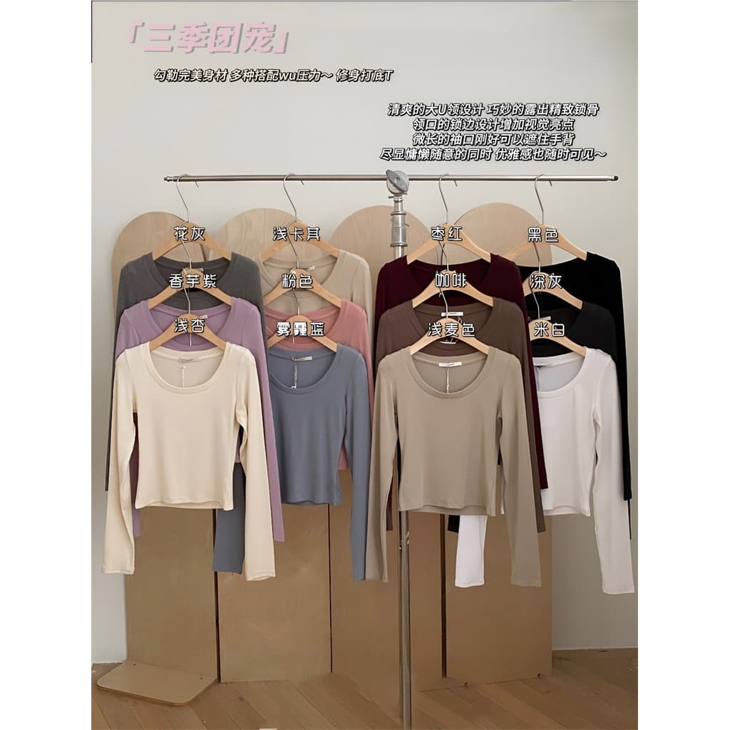 Rosca em torno do pescoço de manga comprida camiseta feminina algodão curto camisa pequena 2023 outono cor sólida magro-