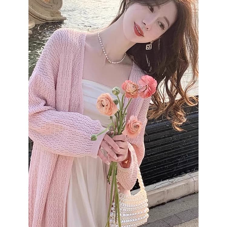 Pequeno Cardigan de malha rosa feminino comprimento médio fino 2026 novo estilo cor sólida camisola jaqueta feminina Hig